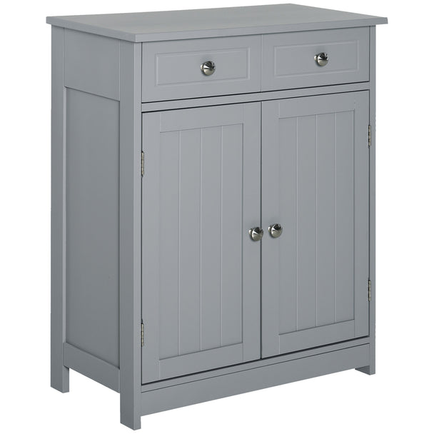 Grey traditional freestanding bathroom storage cabinet with two drawers, cupboard and metal handles