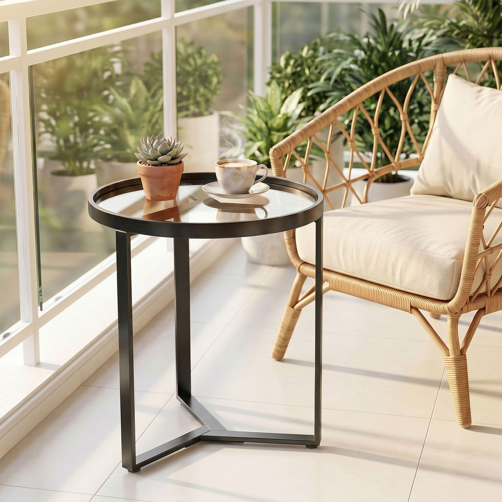 Round Side Table with Tempered Glass Top and Geometric Metal Frame for Small Space, Black