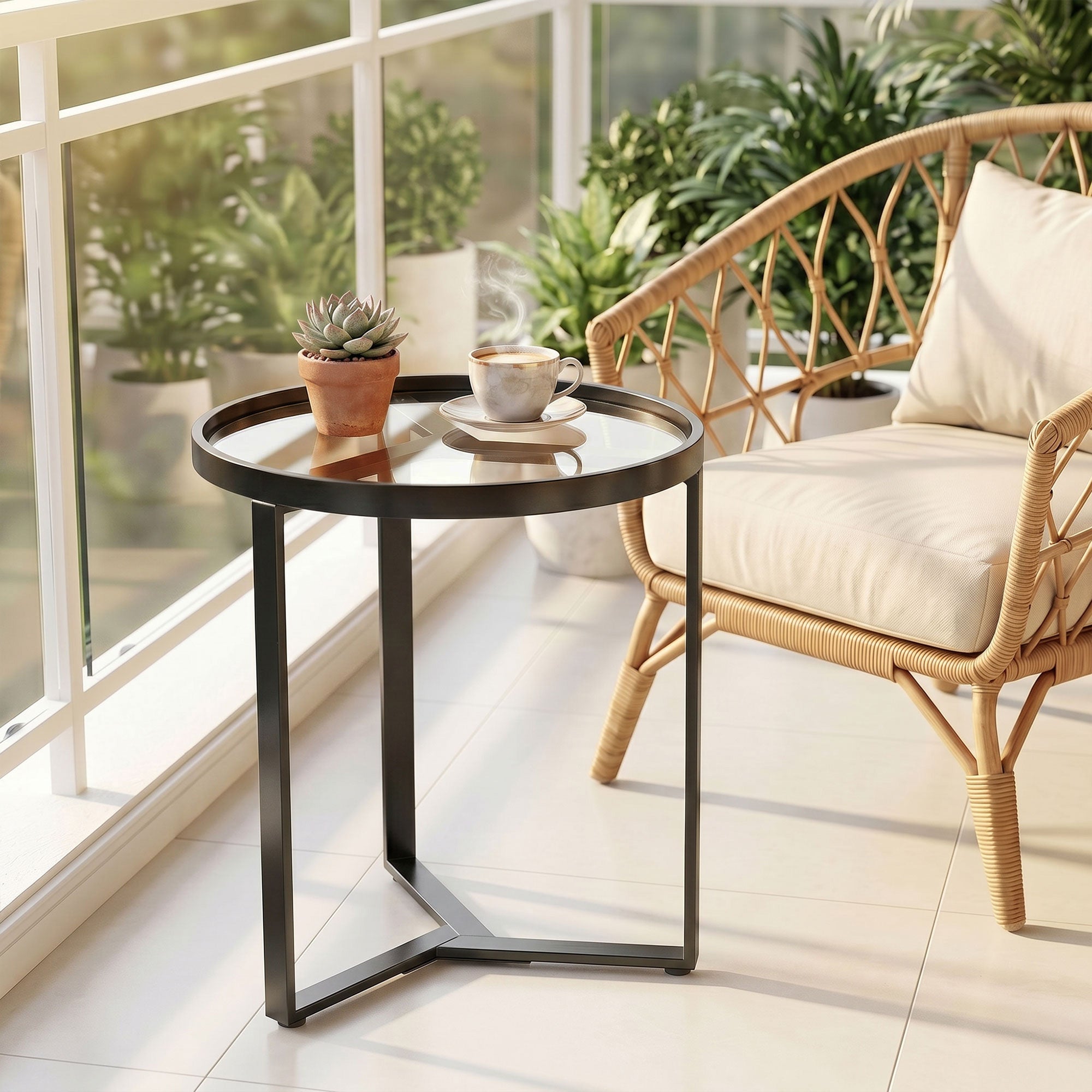 Round Side Table with Tempered Glass Top and Geometric Metal Frame for Small Space, Black