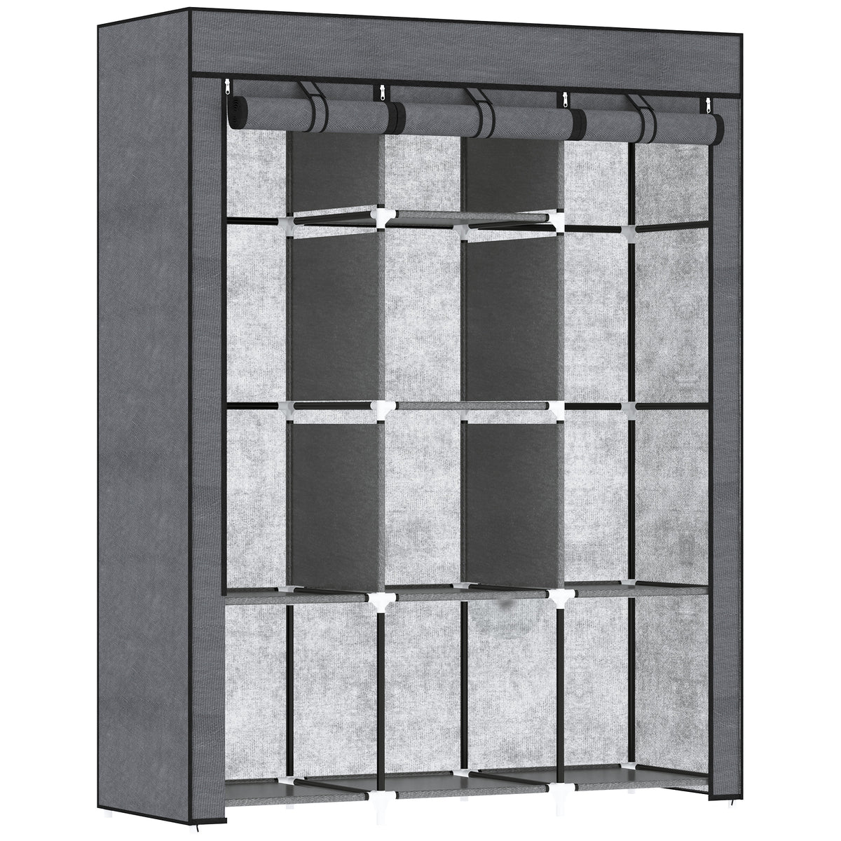Dark grey 125 cm fabric wardrobe with two hanging rails and central shelves