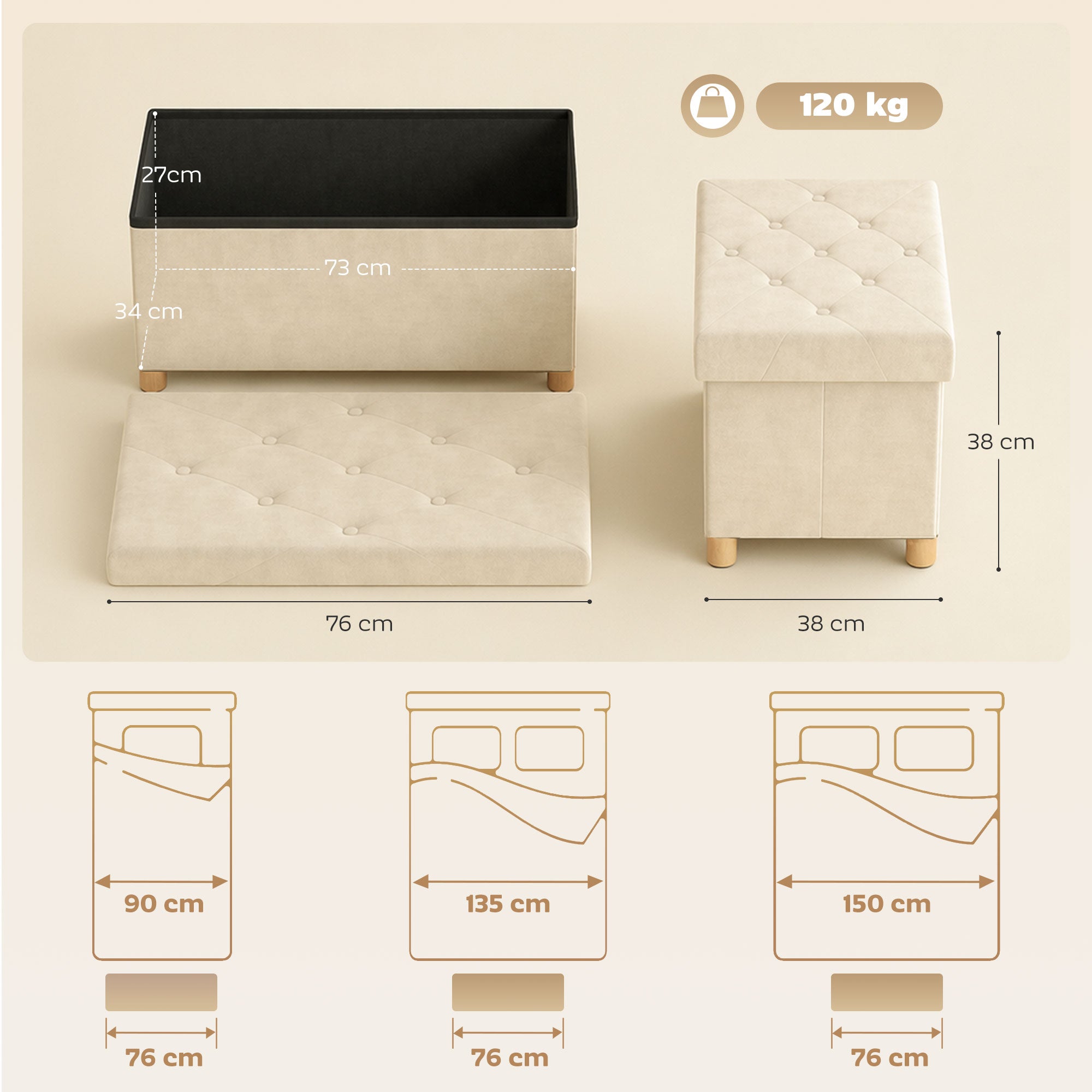 Velvet Upholstered Foldable Ottoman Footrest, Storage Ottoman Bench with Wood Legs for Living Room, Cream White