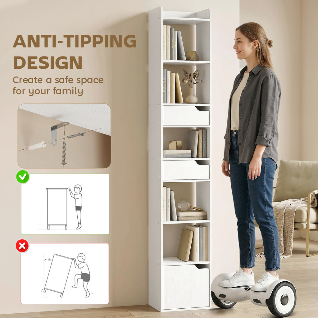 Bookcase Tall Narrow with 5 Tiers and Drawers Freestanding Bookshelf Storage Cabinet for Living Room White Wood Effect