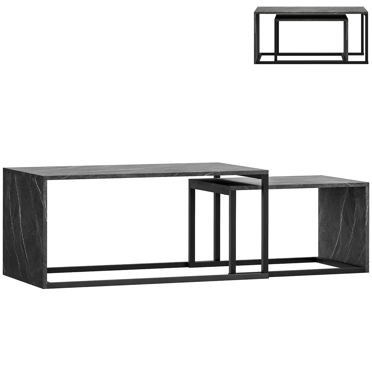 Set of 2 Industrial Nesting Tables – Dark Grey Marble Effect
