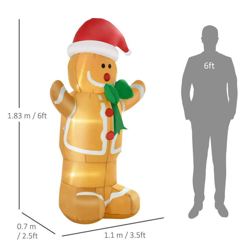 Size diagram of the 6ft gingerbread man in Santa hat Christmas inflatable