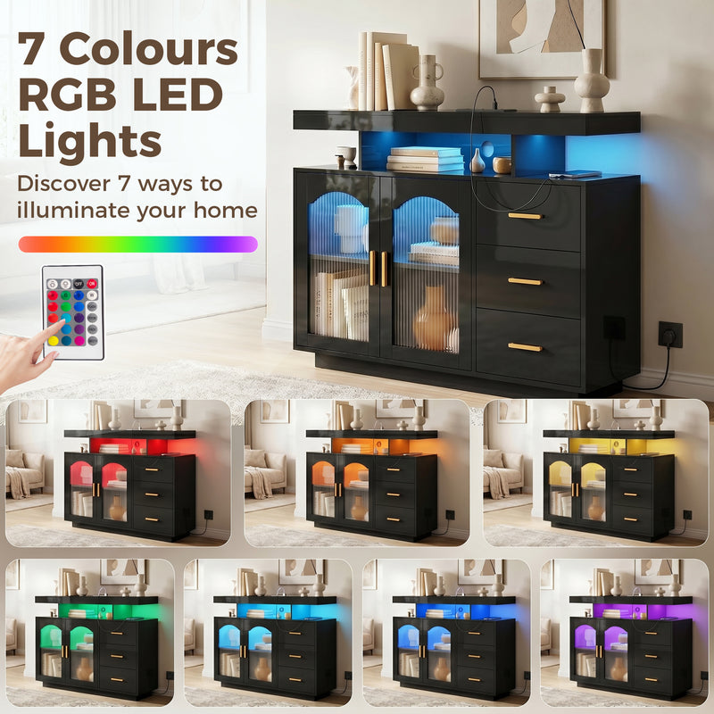 HOMCOM High Gloss Sideboard with LED Lights, Built-in Power Outlets, 3 Drawers, Shelves and 2 Acrylic Doors, Black – view 6