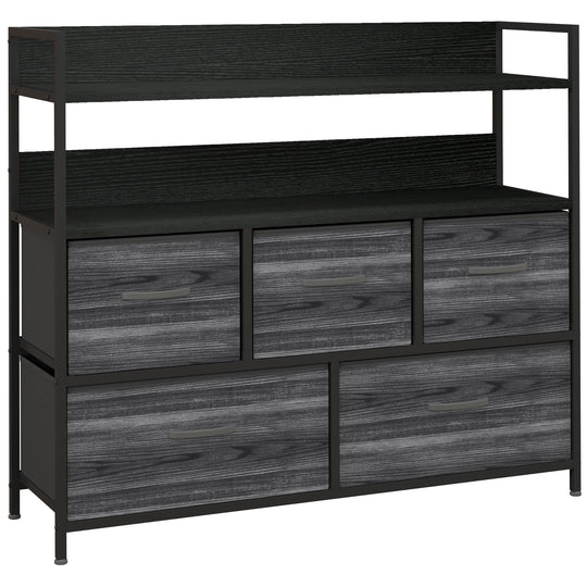 Black 5-drawer fabric storage unit with open shelf and rustic wood-effect top