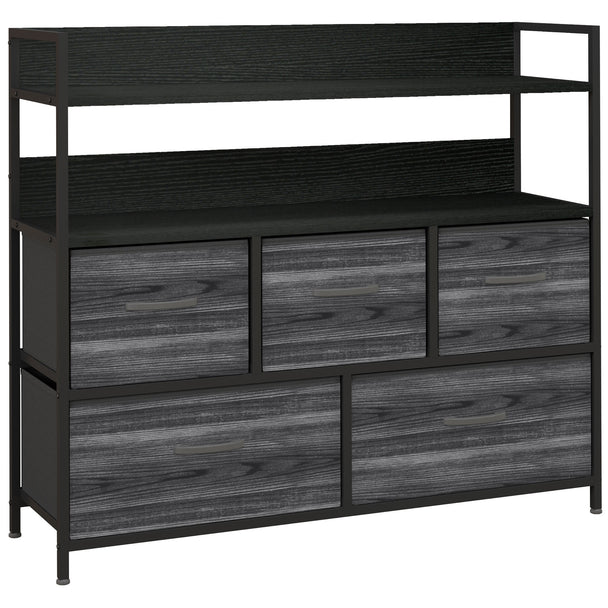 Black 5-drawer fabric storage unit with open shelf and rustic wood-effect top