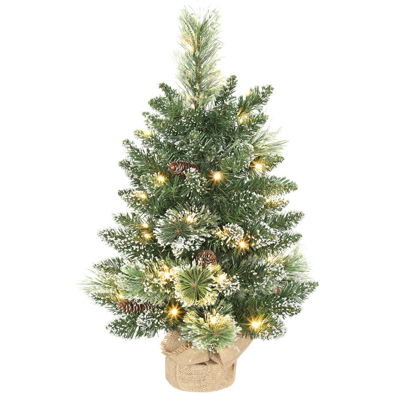 60 cm snow-flocked pre-lit tabletop Christmas tree with pine cones and a linen-look base