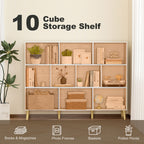 10-Cube Bookcase, 3-Tier Book Shelf with Solid Wood Legs, 140 cm Modern Bookshelf with Anti-Tip Kit for Bedroom, White
