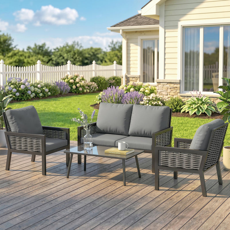 Outsunny 4 Seater Rattan Garden Furniture Set with 2 Armchairs, Loveseat, Coffee Table, Garden Sofa Set with Cushions – view 10
