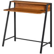 Walnut two-tier writing desk with raised back storage shelf and black steel frame