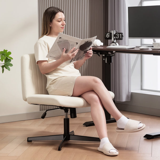 HOMCOM Armless Office Chair No Wheels, Linen Fabric Criss Cross Legged Desk Chair with Wide Seat, Thick Padding, Tilt – view 2
