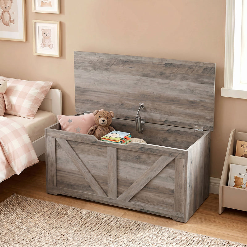HOMCOM 100L Home Storage Box, with Safety Hinge - Grey Wood-Effect – view 8