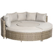 Grey round rattan daybed sofa set with curved sofas, footstools and lift-up coffee table