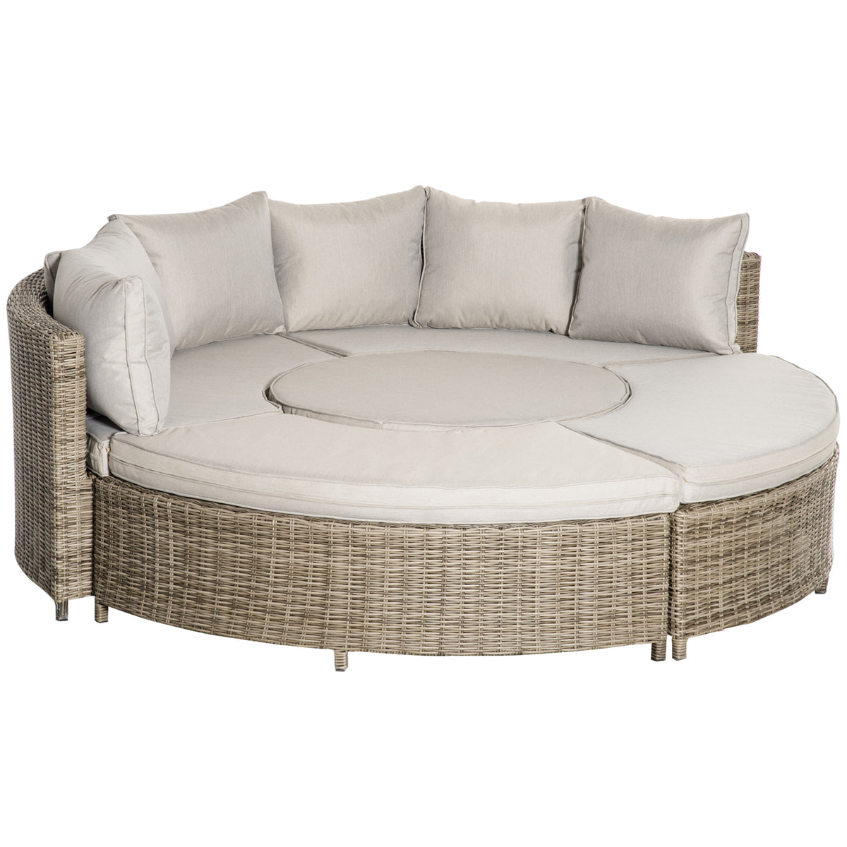 Grey round rattan daybed sofa set with curved sofas, footstools and lift-up coffee table