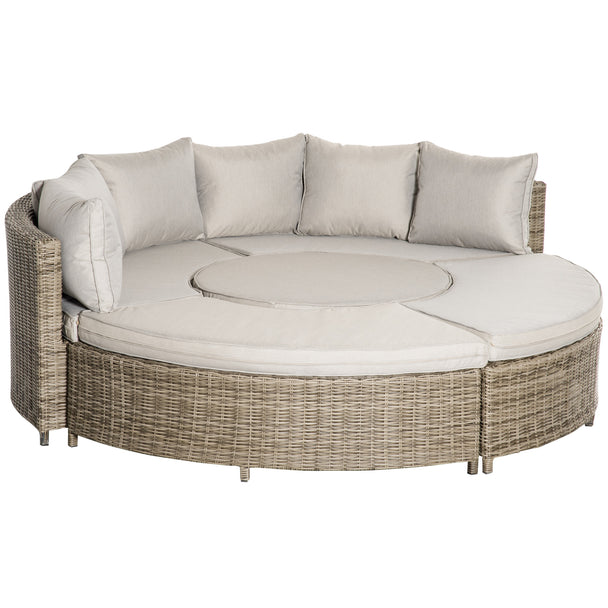 Grey round rattan daybed sofa set with curved sofas, footstools and lift-up coffee table