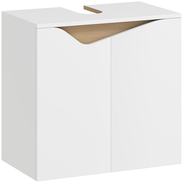 White and natural wood under sink bathroom cabinet with soft-close doors and U-shaped slot