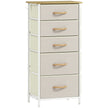 Slim beige 5-drawer fabric chest of drawers with side pockets, white frame and wood-effect top