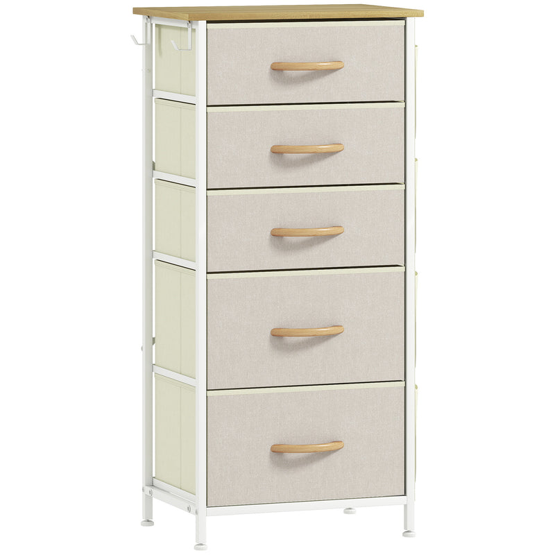 Slim beige 5-drawer fabric chest of drawers with side pockets, white frame and wood-effect top