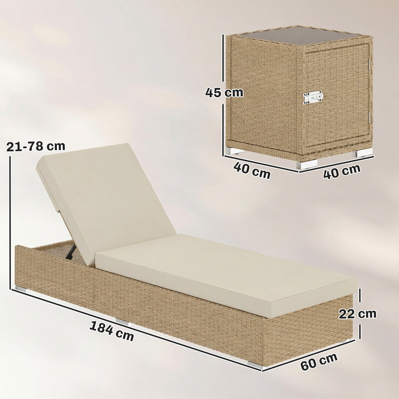 Outsunny Rattan Sun Loungers Set of 2 with Side Table, Garden Recliner Sunbeds with Adjustable Back, Cushions, Beige – view 3