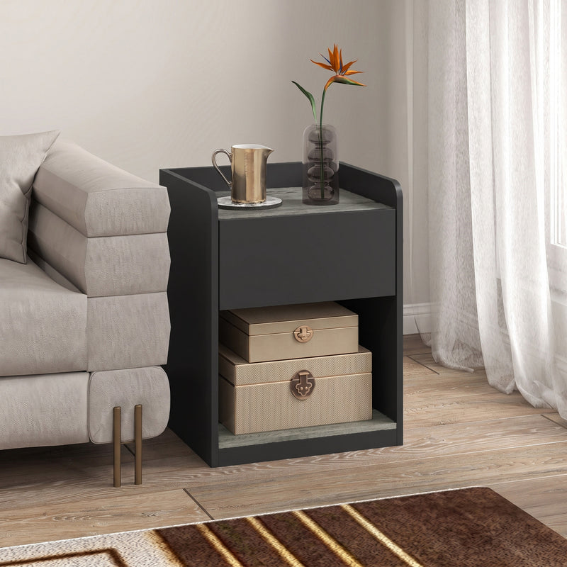 HOMCOM Modern Bedside Table, Slim Nightstand with Drawer, Shelf and Cable Holes, Black and Grey Wood Effect – view 7
