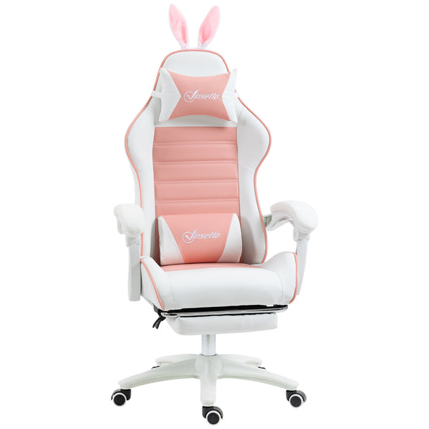 Pink and white faux leather gaming chair with fluffy bunny ears, head and lumbar pillows and pull-out footrest