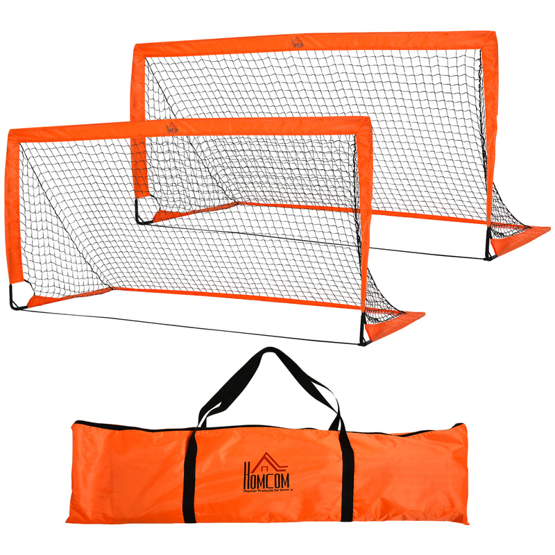 Set of two orange folding 6 x 3 ft football goals with steel frames and mesh nets