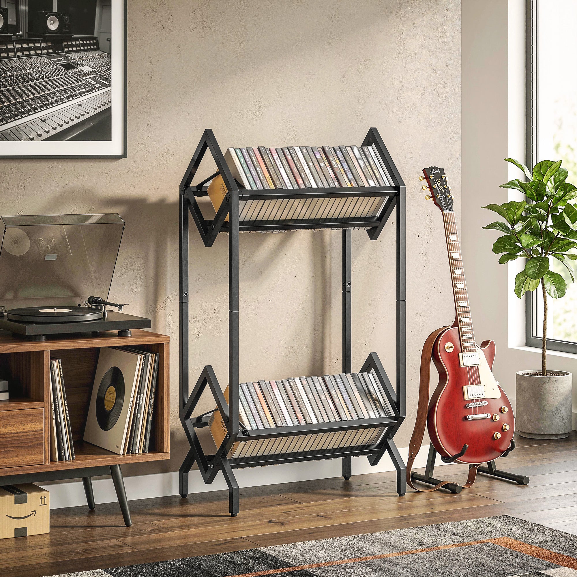 50 CD Storage Rack, 2-Tier Metal CD Storage Unit, Free Standing, Easy to Assemble, Black