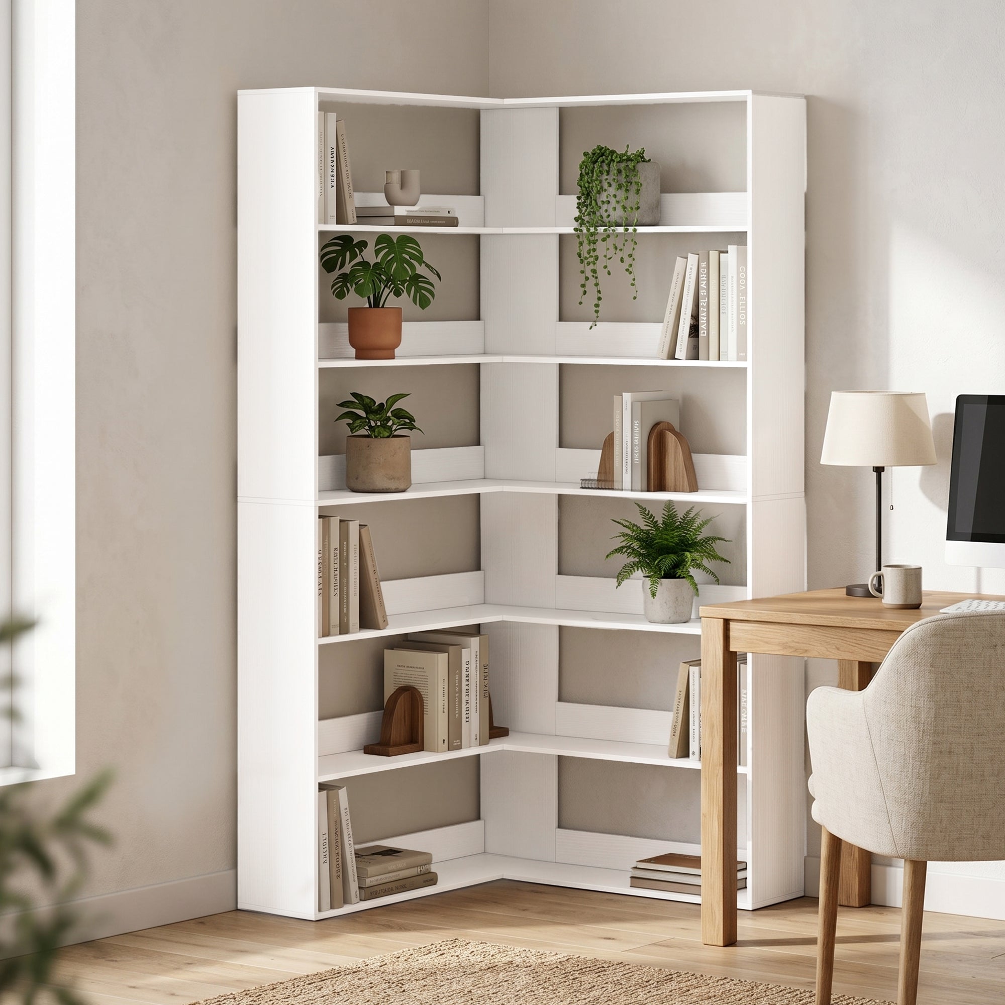 7 Tiers Bookshelf, L-Shaped Corner Bookcase with Anti-Slip Rear Guard, White Wood Effect
