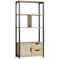 4-Tier Bookcase, Bookshelf with 1 Cabinet and 2 Drawers for Living Room, Bedroom, Study, Natural Wood