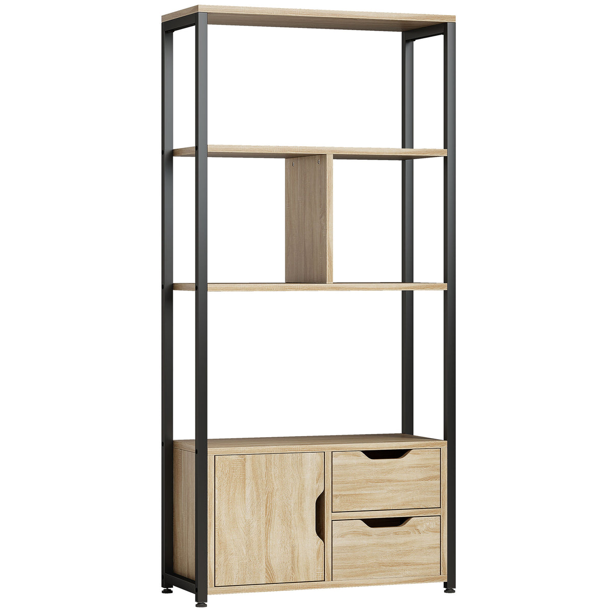 4-Tier Bookcase with Cabinet & 2 Drawers – Natural