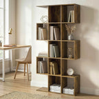 5-Tier Bookshelf, S Shaped Geometric Bookcase with 15 Compartments, Rustic Brown
