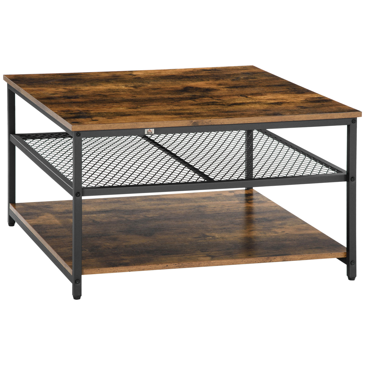 80 cm 3-Tier Square Coffee Table with Storage Shelves – Rustic Brown