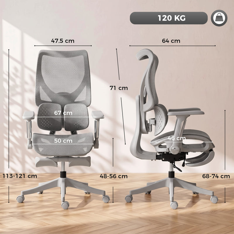 HOMCOM Ergonomic Office Chair with Lumbar Support, Mesh Reclining Desk Chair with Footrest, Adjustable High Back, Grey – view 3