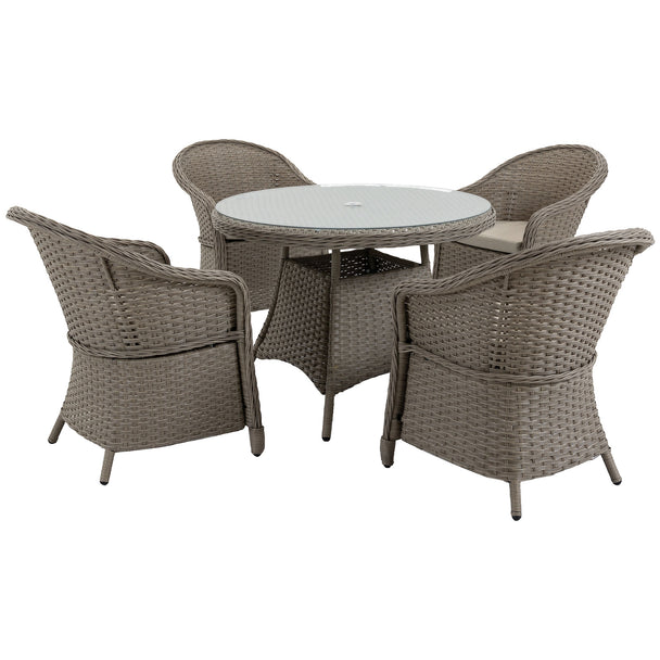 Mixed grey 4-seater round rattan dining set with glass-top table, parasol hole and cushioned armchairs