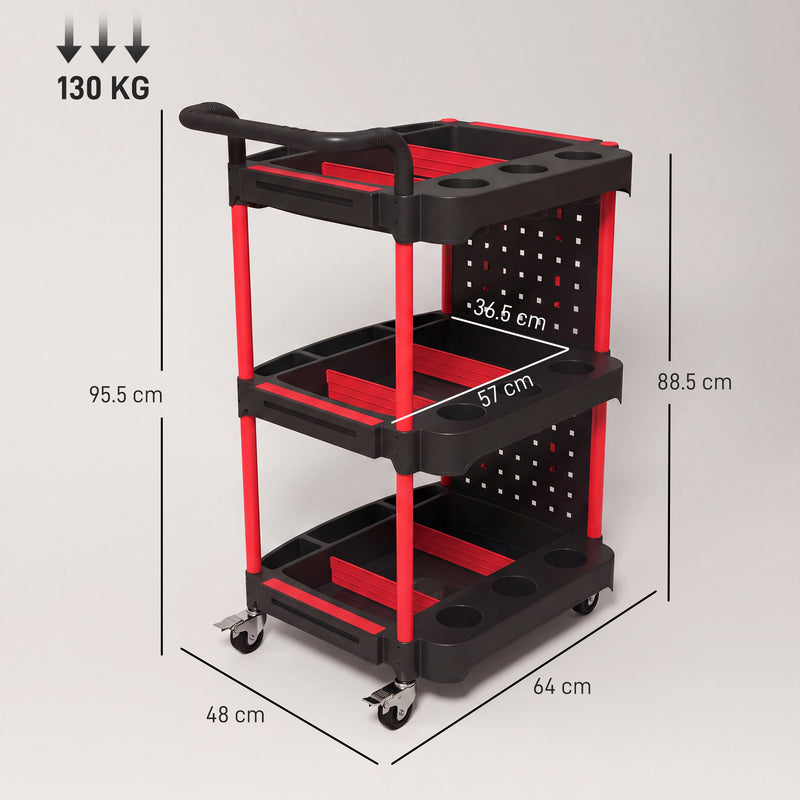 3-Tier Rolling Tool Trolley with Pegboard, Hooks & Brakes – Black/Red – image 3 of 9