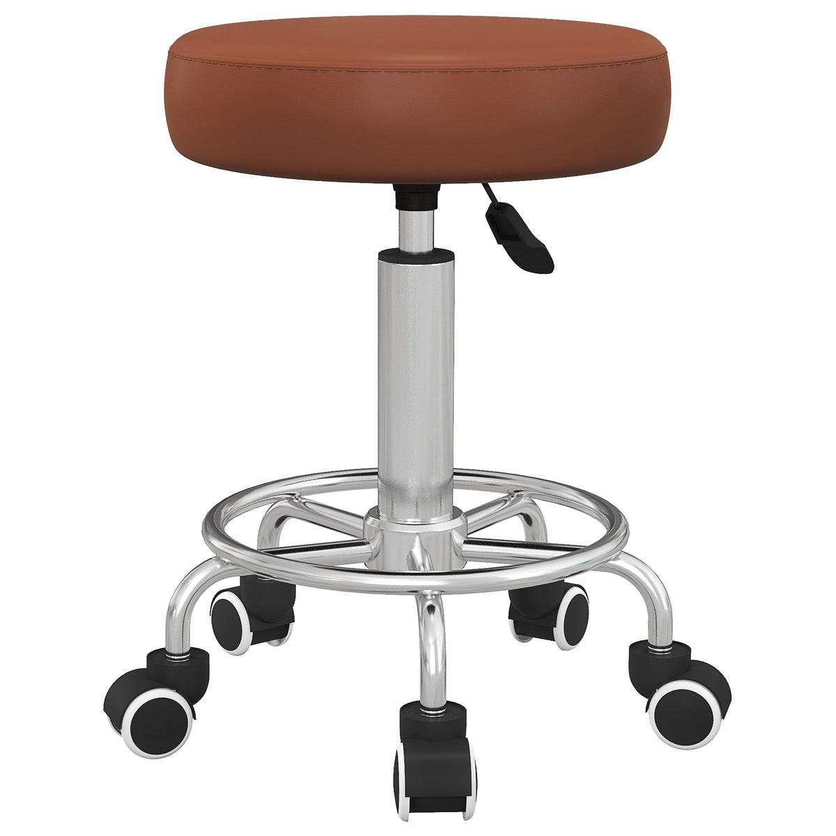 Brown round PU leather rolling stool with footrest and five castor wheels