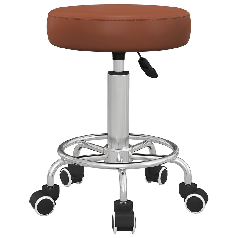 Brown round PU leather rolling stool with footrest and five castor wheels