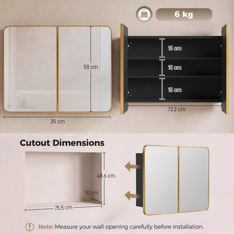 HOMCOM 76.2 x 11.6 x 61 cm Bathroom Mirror Cabinet, Wall Cabinet with Adjustable Shelves, Wall-Mounted or Recessed – view 3