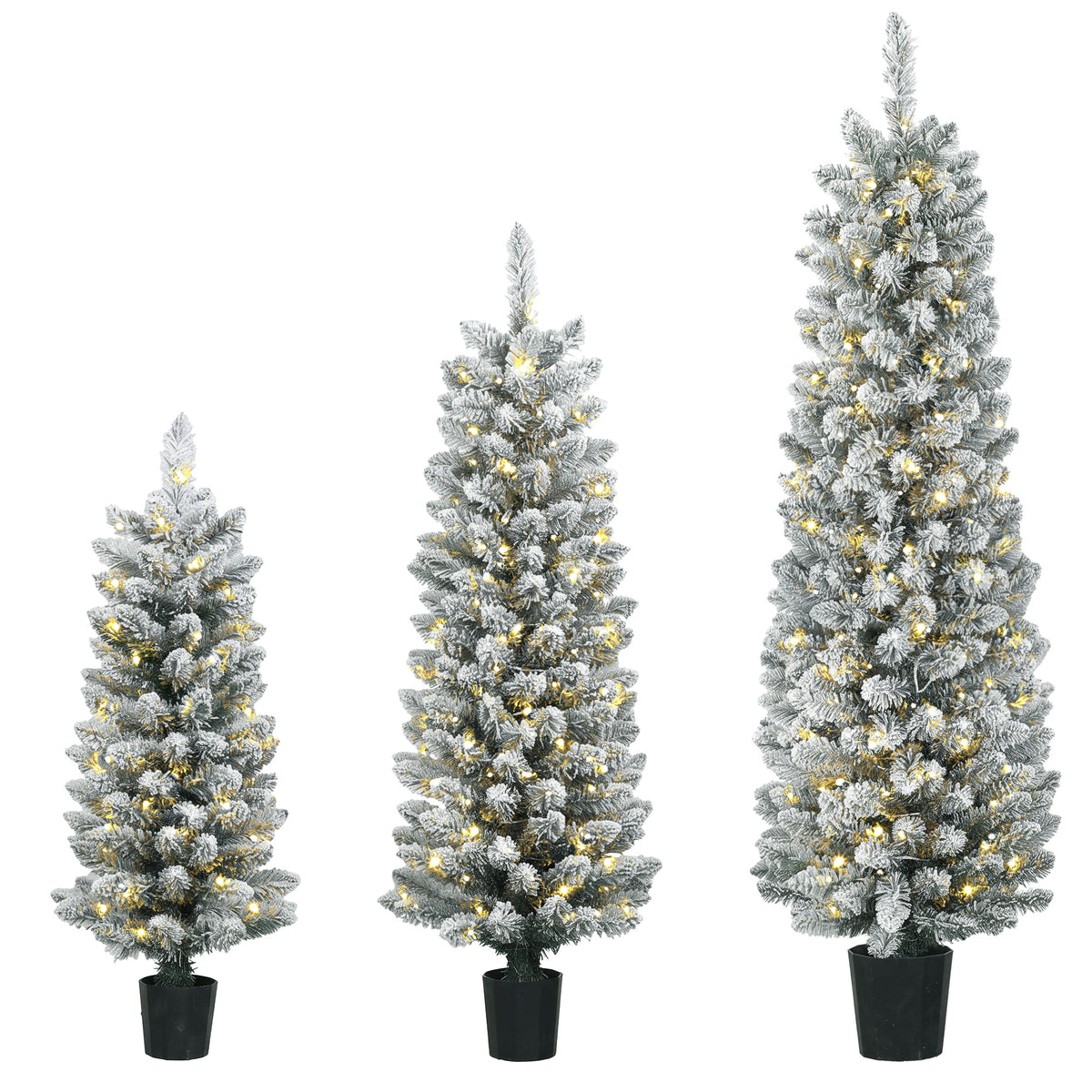 Set of three slim snowy pre-lit pencil Christmas trees glowing with warm white LEDs