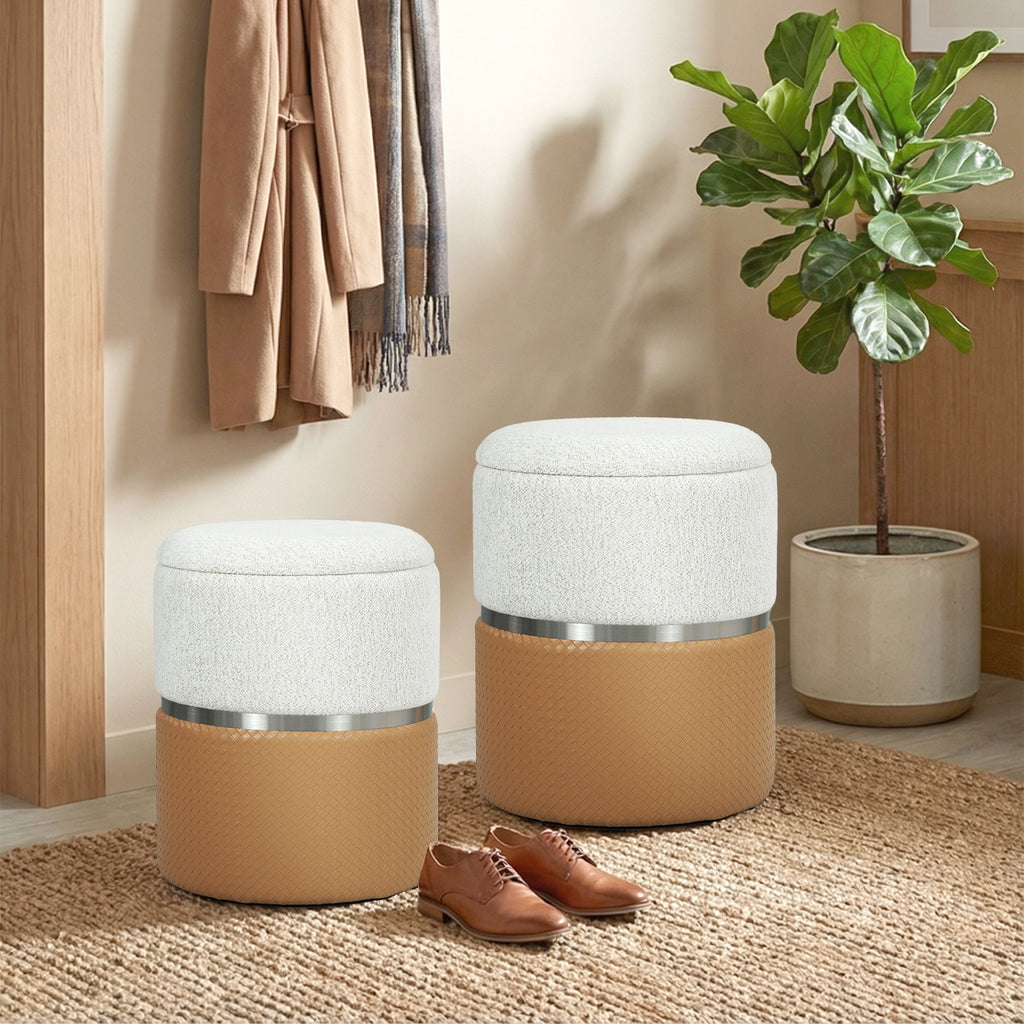 Nesting Round Ottoman with Storage Set of 2 - Cream/Brown