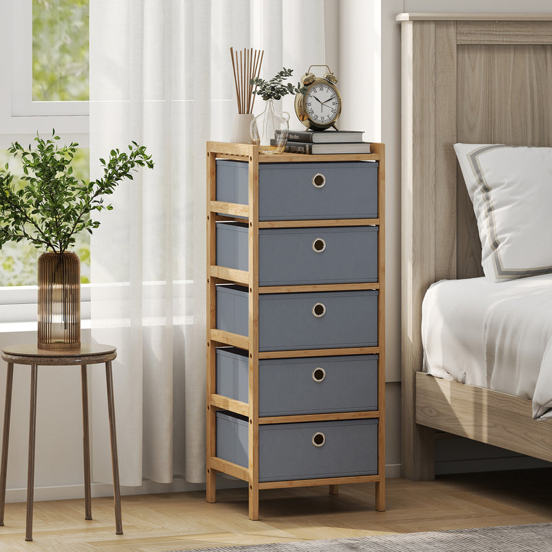 HOMCOM Chest of Drawers, 5 Fabric Drawers Narrow Dresser with Bamboo Frame, Light Grey – view 2