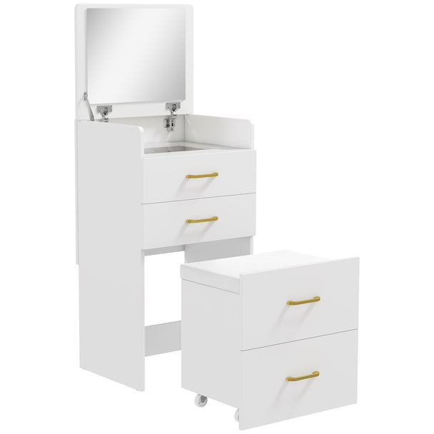 Compact white dressing table with flip-up mirror, glass-topped storage grid and cushioned stool