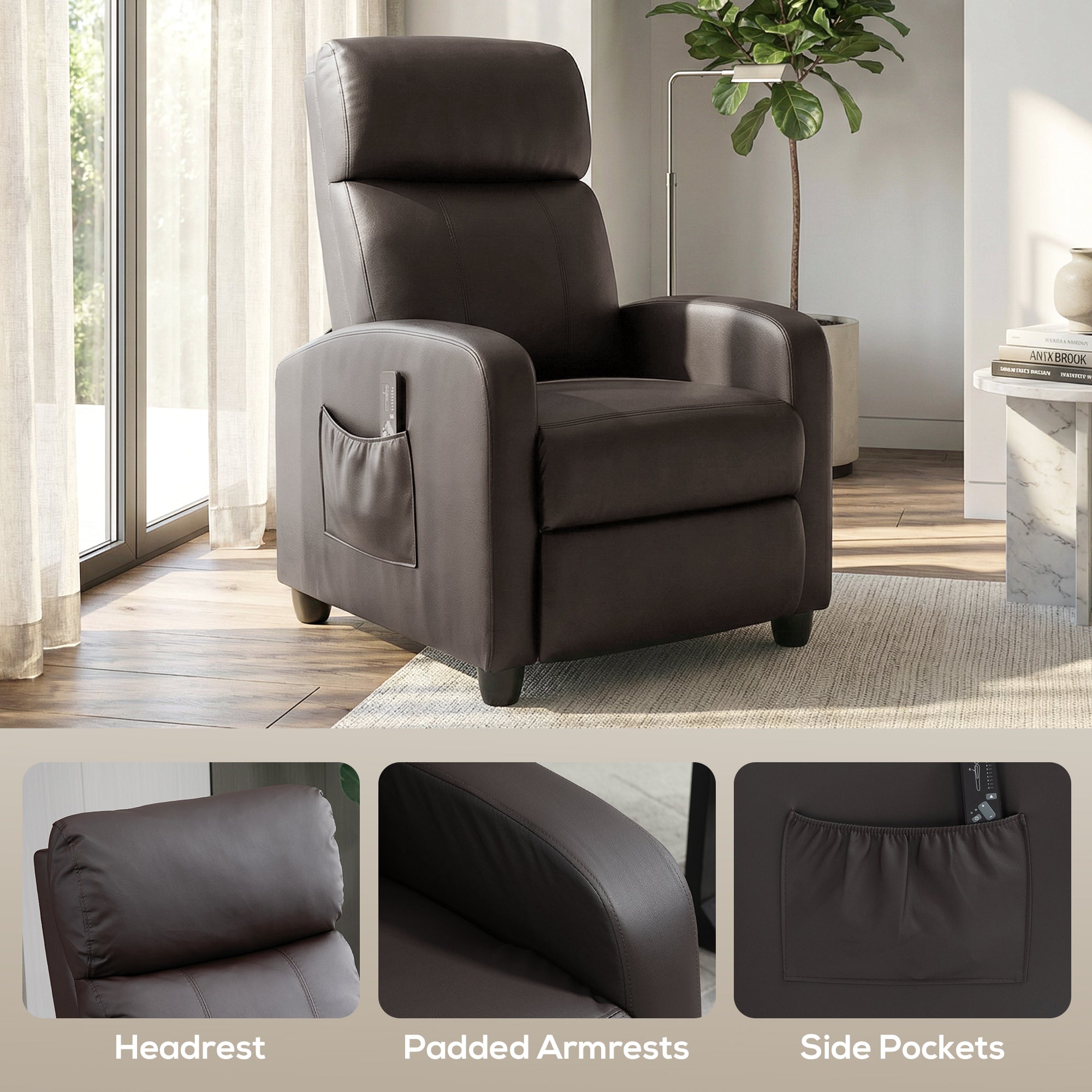 HOMCOM Recliner Armchair, Massage Faux Leather Push Back Reclining Chair with Adjustable Leg Rest, Side Pocket, for Home Living Room Theatre, Brown