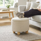 Storage Sitting Bench with Lid, Round Storage Ottoman with Rubberwood Legs, Beige