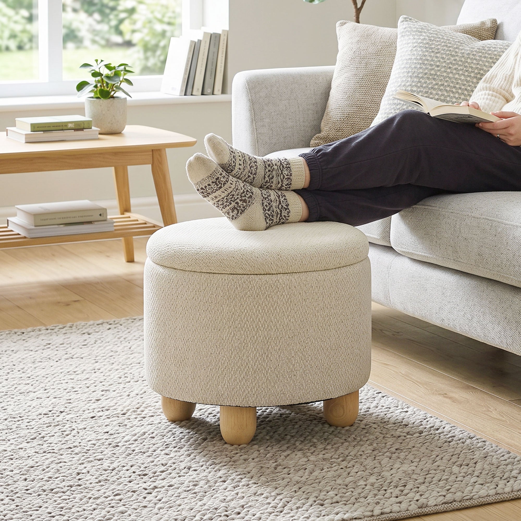 Storage Sitting Bench with Lid, Round Storage Ottoman with Rubberwood Legs, Beige