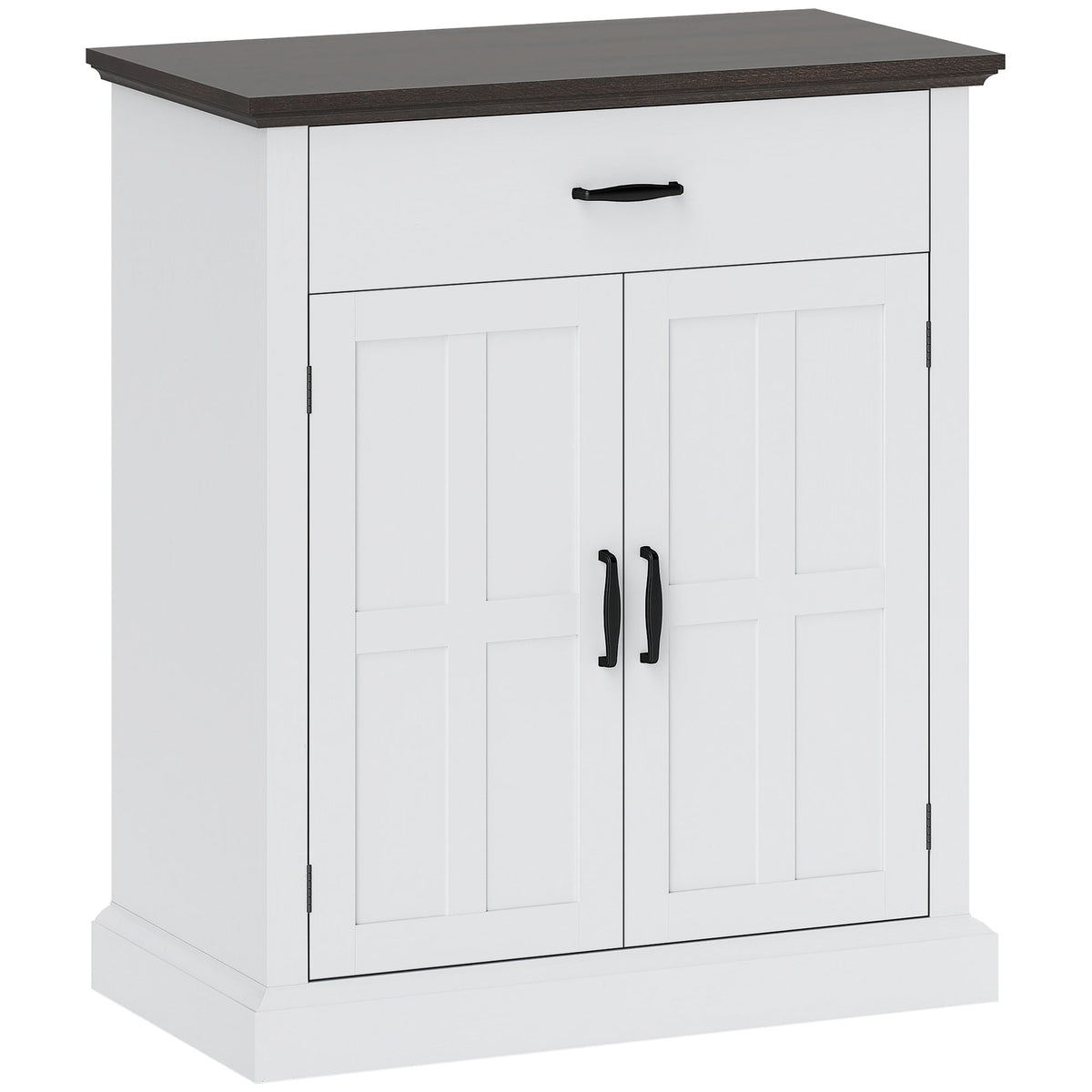 White farmhouse sideboard with barn doors, drawer and dark brown top