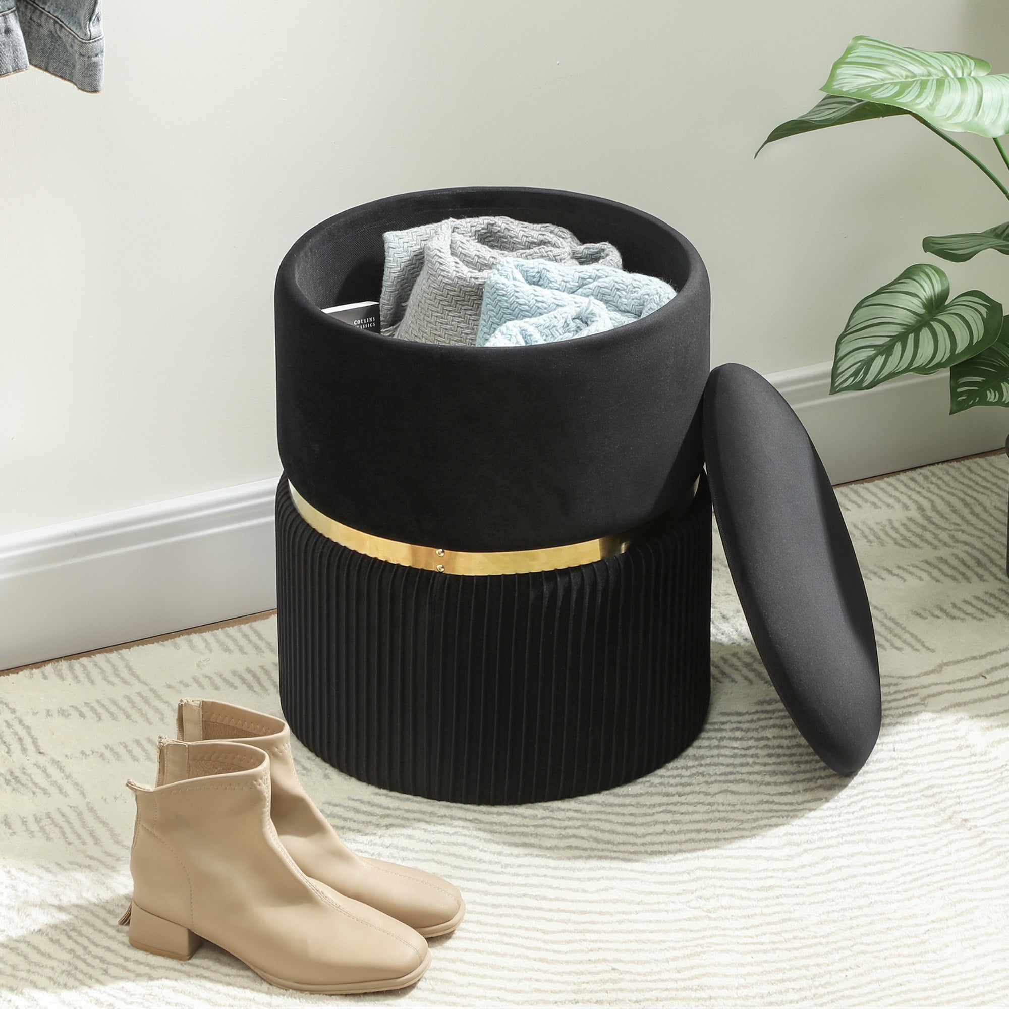 Velvet-Feel Storage Ottoman - Black