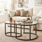 Nest of Tables with Steel Frame and Tempered Glass Tabletop, Modern Coffee Table Set of 2, Black