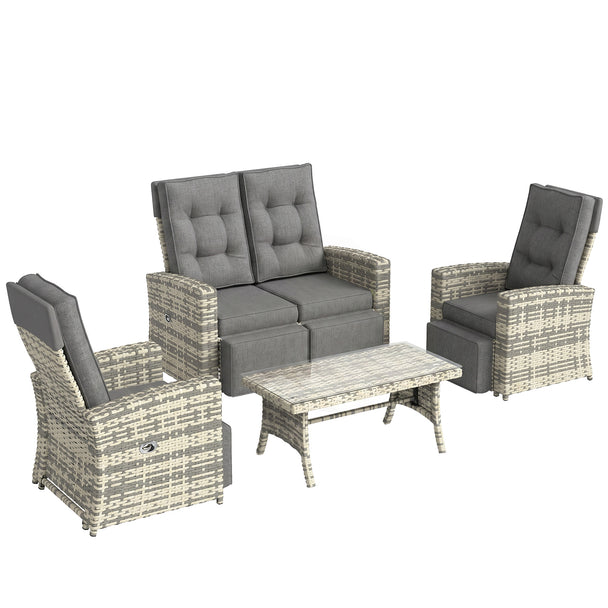 Light grey 4-piece rattan sofa set with loveseat, two reclining armchairs and glass-top coffee table